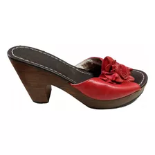 Sandalia Dama Taco Madera Ecocuero Con Flor Zapato Fiesta