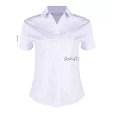 Camisete Feminino Camisa Social Branco Manga Curta Bordado