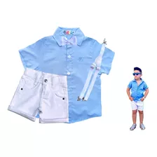 Conjunto Infantil Social Menino Camisa + Bermuda Suspensório