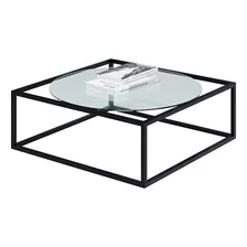 Mesa De Centro Sala 84x84x35cm Aço Preto E Vidro Industrial