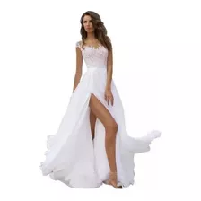 Vestido De Noche Blanco Con Encaje Y Chifón