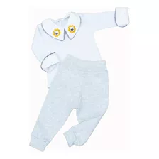 Body Calça Branco E Cinza Para Bebê Menino Gola Bordadinha 