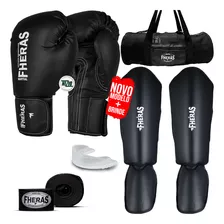 Kit Muay Thai Luva Preta Bandagem Bolsa Gladiadora 12oz