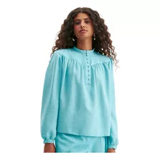 Blusa Lança Perfume Manga Longa Button Ou24 Azul Feminino