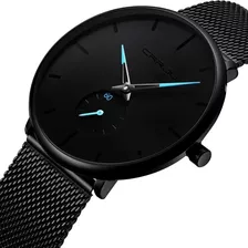 Relógio Masculino Social Minimalista Preto Ultra Fino Metal Cor Do Fundo Azul