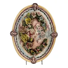 Plato Decorativo Oval Flores En Relieve Firmado Antiguo