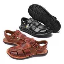 Kit 2 Pares De Sandalia Em Couro Legitimo Masculino