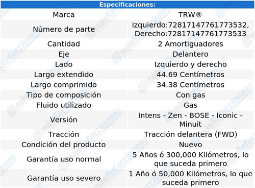 Par De Amortiguadores Gas Delanteros Koleos Fwd 17 Al 21 Trw Foto 2