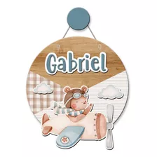 Placa Mdf Infantil 3d + Pendurador Ursinho Aviador Aquarela