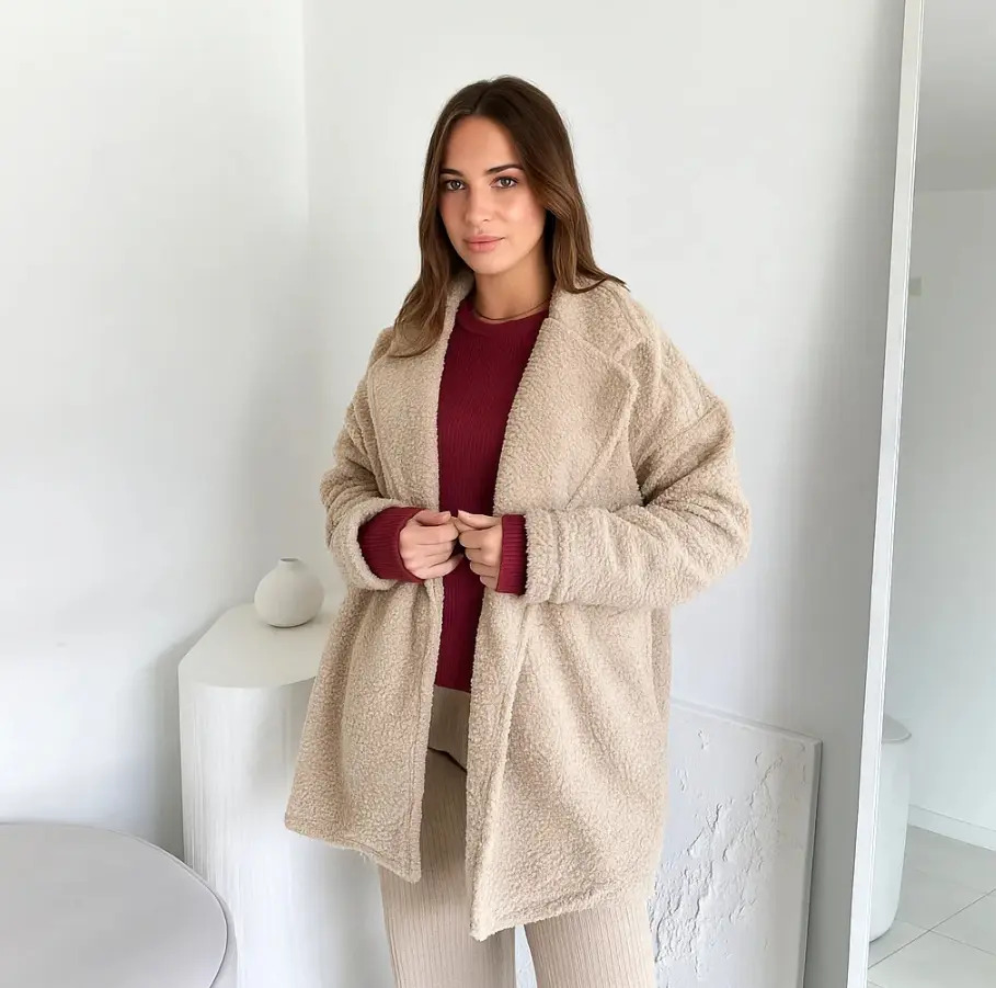 Tapado Campera Paño Boucle Abrigo Mujer Oversize Beige Unico
