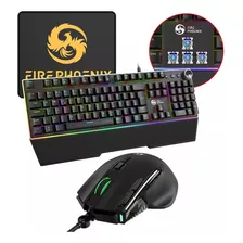 Kit Teclado Gamer Mecânico Switch Blue Abnt2 + Mouse Gamer Ergonômico Dpi 12800 Led Rgb Usb Mousepad Para Pc Fire Phoenix Bk-04 Cor Preto