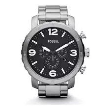 Relógio De Pulso Fossil Nate Com Corpo Prateado, Analógico, Para Masculino, Fundo Preto, Com Correia De Aço Inoxidável Cor Prateado, Agulhas Cor Branco E Preto, Subdials De Cor Branco, Subesferas Co