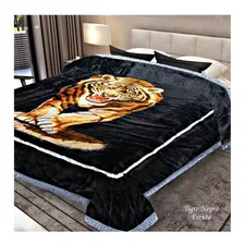 Frazada Kavanagh Símil Piel Triple Reversible Con Diseño Tigre Negro De 2.2m X 1.6m