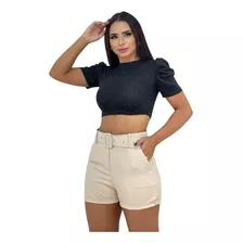 Shorts Feminino Alfaiataria Cintura Alta Cinto Bolso Lateral