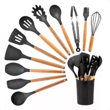 Kit 12 Utensílios De Cozinha Em Silicone Com Cabo De Madeira