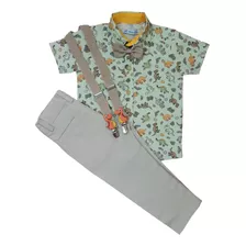 Conjunto Dinossauro Verde Camisa Social Dino Com Calça Bebê