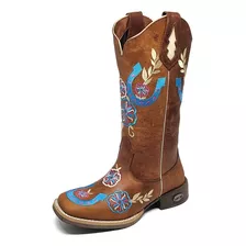 Bota Texana Country Feminina Cano Alto Couro Bordado Floral