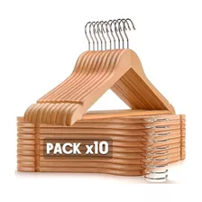 Pack 10 Perchas De Madera Barnizada 1era Calidad Adultos Lustrada Por Mayor Premium - Danper