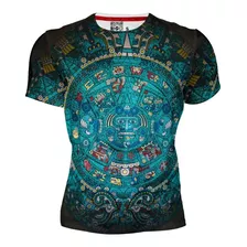 Playera Sublimada Full Print Calendario Azteca Azul.