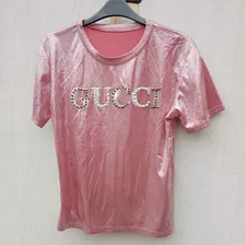 Remera Gucci Tornasolada Manga Corta Con Perlas