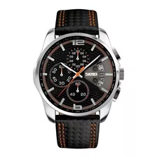 Reloj Pulsera Skmei 9106 De Cuerpo Color Plateado, Analógico, Para Hombre, Fondo Negro, Con Correa De Cuero Color Negro Y Naranja, Agujas Color Blanco Y Naranja, Dial Plateado, Subesferas Color Negro,