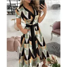 Mujer Elegante Manga Corta Solapa Cinturón Impreso Vestido