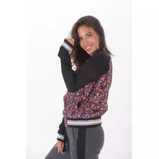 Campera Mujer Bomber Combinada Estampada Colores Negra