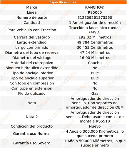 (1) Amortiguador Direccin Wrangler Jeep 4wd 97/09 Rancho Foto 3