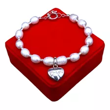 Pulsera Con Perlas Del Rio Y Dije Modelo Corazón En Plata 