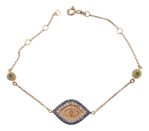Pulseira Olho Grego Ouro Rosa 18k Diamantes E Safiras Azuis Rosa 18 Cm