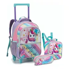 Kit Mochila Infantil 16 + Estojo + Lancheira Unicórnio Pop