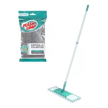 Mop Rodo Flat Plus Microfibra + Esponja Poliéster Flash Limp