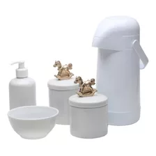 Kit De Cuidado Para Bebês Potinho De Mel Magic Pump Potes, Garrafa, Molhadeira E Porta Sabonete Com Corôa Cavalinho Dourado - X 5