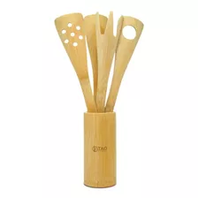 Kit Utensílios De Cozinha Bambu Com Colher De Pau Manjericão