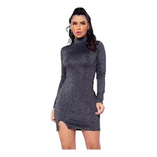 Vestido Manga Longa Inverno Curto Fenda Lurex Brilho Gola