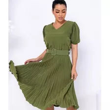 Vestido Midi Com Cinto Forrada Saia Plissada Moda Evangélica