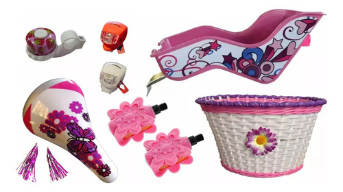 Kit Bici Porta Muñeca Canasto Pedal Timbre Luz Asiento