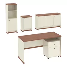 Conjunto De Escritório Office Escrivaninha Balcões Gaveteiro Cor Off White/naturale