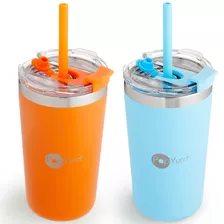 Popyum 2 Vasos Térmicos Infantil Tapa Y Popote 13oz Antifuga Color Azul Y Naranja Liso