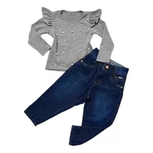 Conjunto Feminino Infantil Blusa Lanzinha E Calça Jeans Luxo