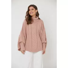 Poncho De Tricot Feminino Ralm De Tranças E Gola- Rosa Claro