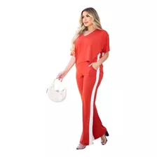 Conjunto Feminino Blusa Manga Curta E Calça Pantalona Verão