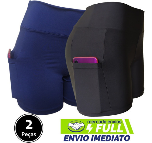 Kit 02 Shorts Curto Academia Com Bolso/celular Suplex