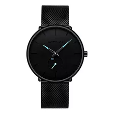 Reloj Hombre Delgado Minimalista Resistente Al Agua Acero Color Del Bisel Fondo Negro - Aguja Azul