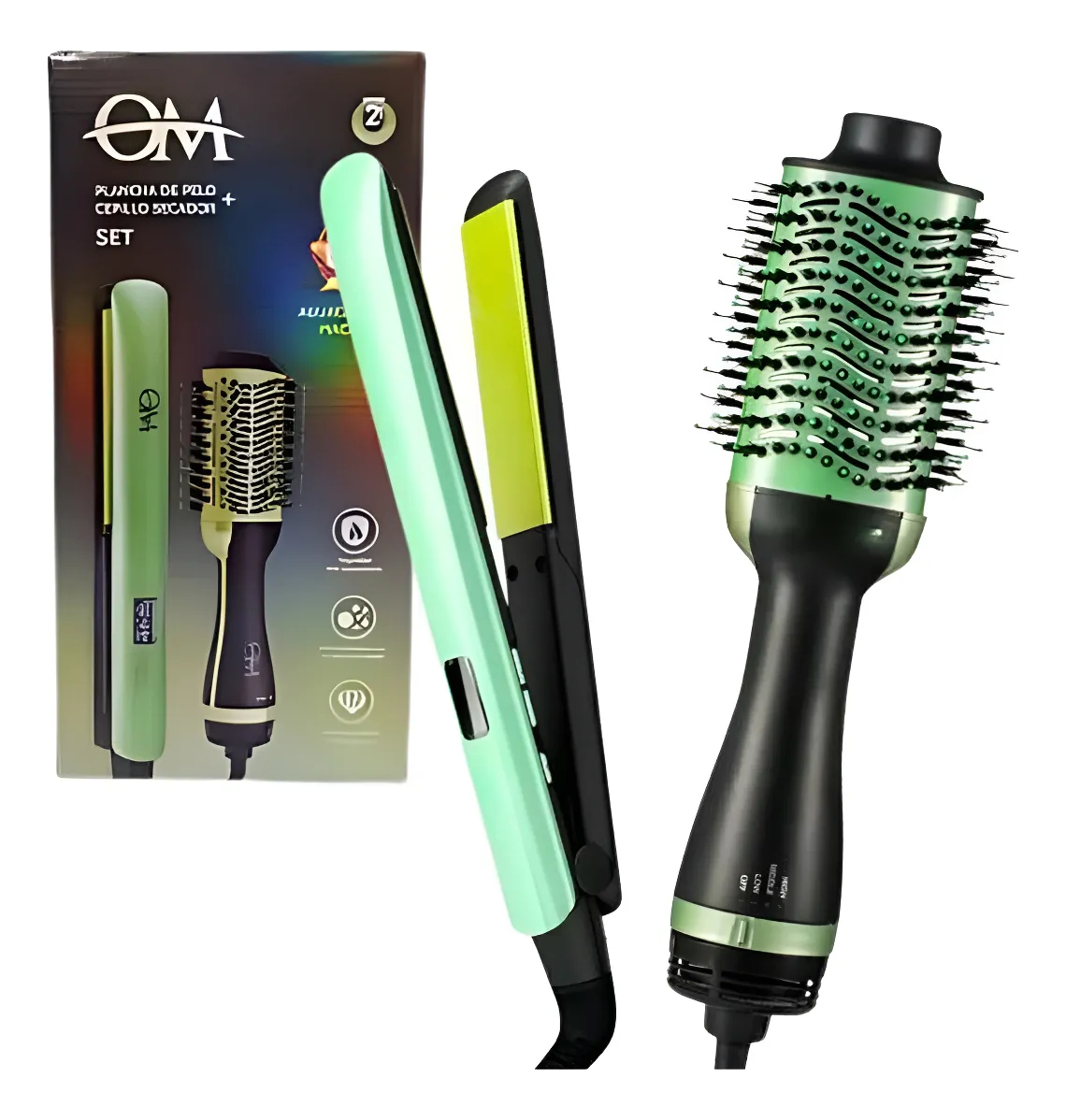 Set Plancha De Pelo Y Cepillo Secador Om