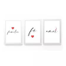 Kit 3 Quadros Decorativos C/ Molduras Amor Família Fé Deus 