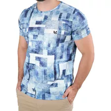 Camiseta Básica Estampada Abstract - Azul/branco