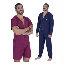 Kit Com 2 Pijamas Botões Abertos-pós Cirurgico Masculino 