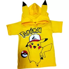 Camiseta Infantil Pokemon, Pikachu, Ash Capuz Fantasia