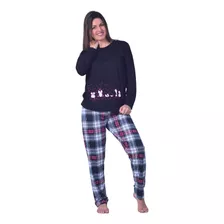 Pijama Feminino Inverno Longo Calça Xadrez Blusa Comprida